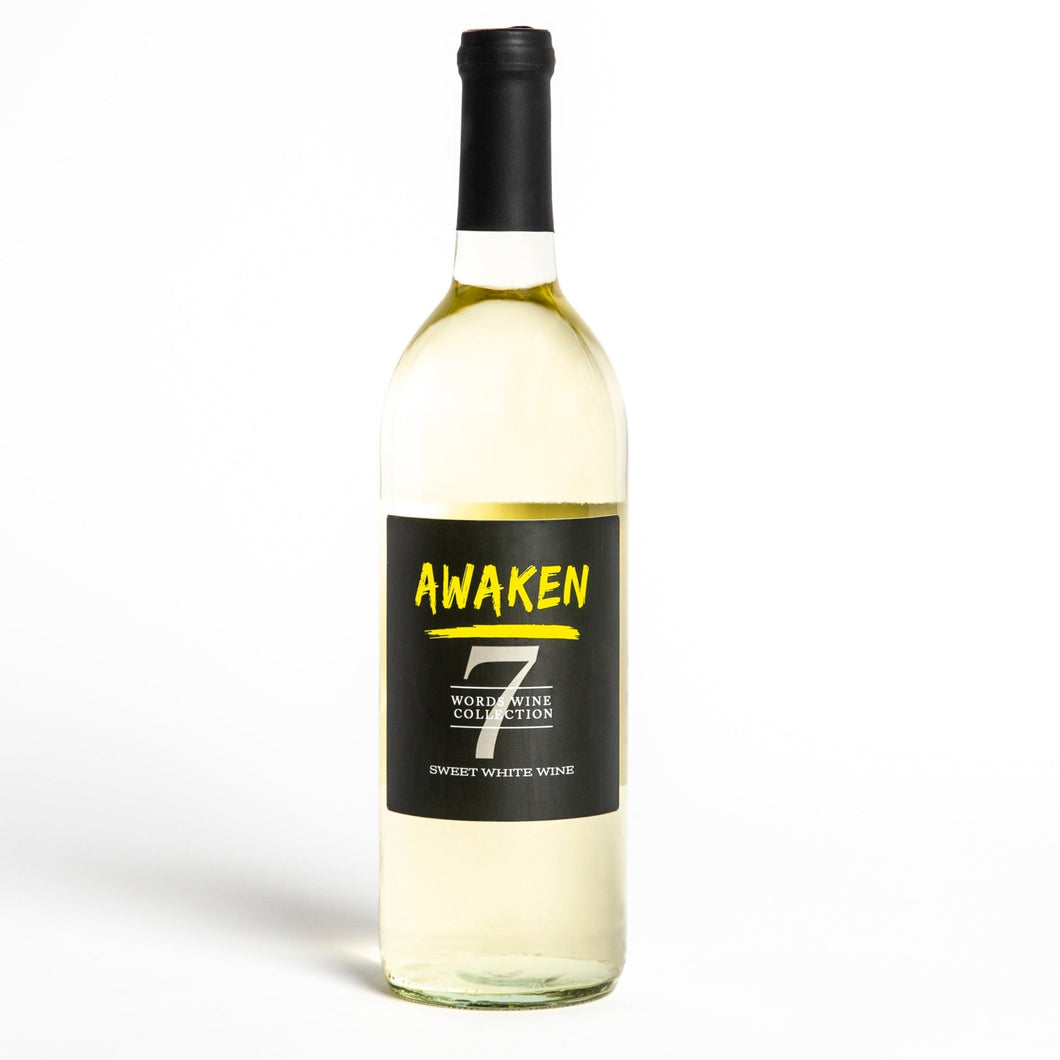 A bottle of awaken wine with yellow font and the number seven. The words listed are awaken, Word Wine Collection, and sweet white Wine.