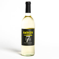 A bottle of awaken wine with yellow font and the number seven. The words listed are awaken, Word Wine Collection, and sweet white Wine.